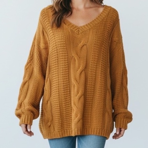 Unbranded Sweaters - Mustard Orange Chunky Cable Knit V-Neck Oversized Sweater Womens‎ Relaxed Fit